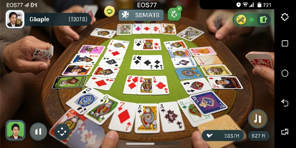 Tangkapan layar gameplay EOS77 yang menampilkan suasana bermain Gaple.