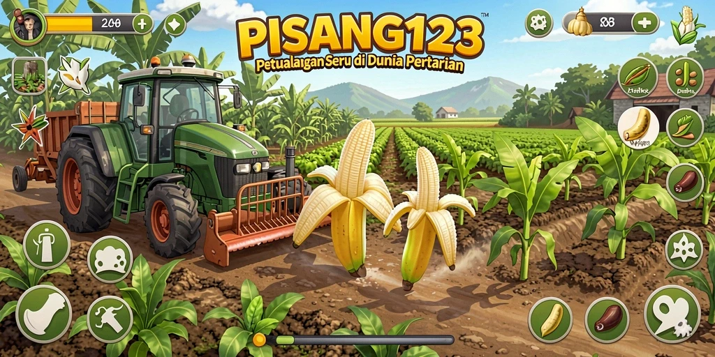 Screenshot gameplay PISANG123 menampilkan suasana pertanian yang ceria.