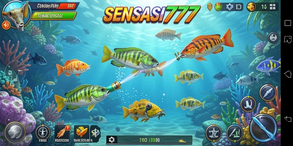 Tampilan gameplay SENSASI777 menampilkan aksi menembak ikan yang seru.