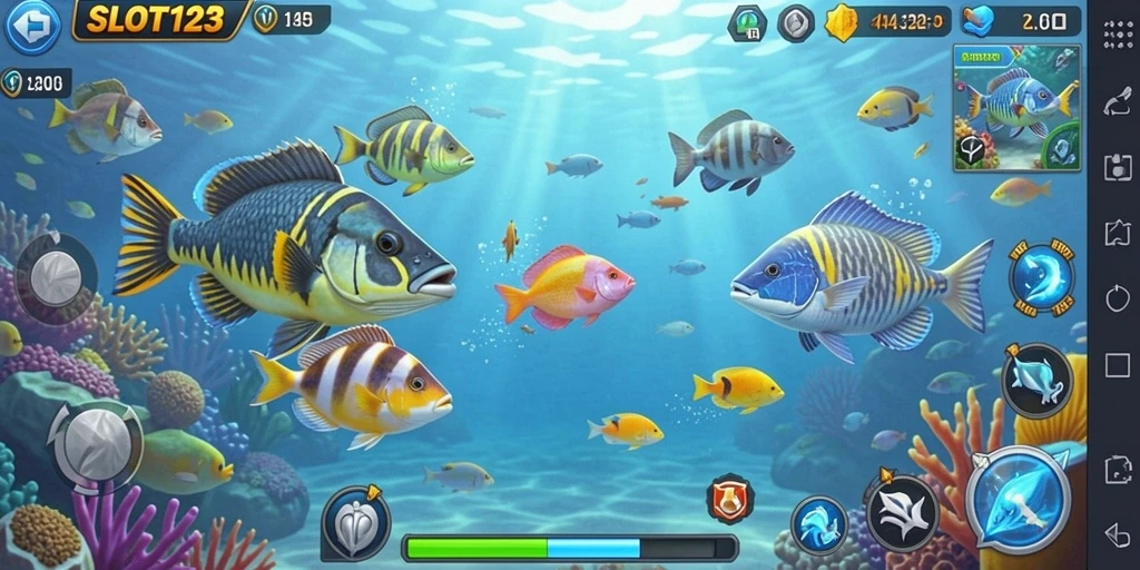Tangkapan layar utama SLOT123 menampilkan gameplay Tembak Ikan yang seru.