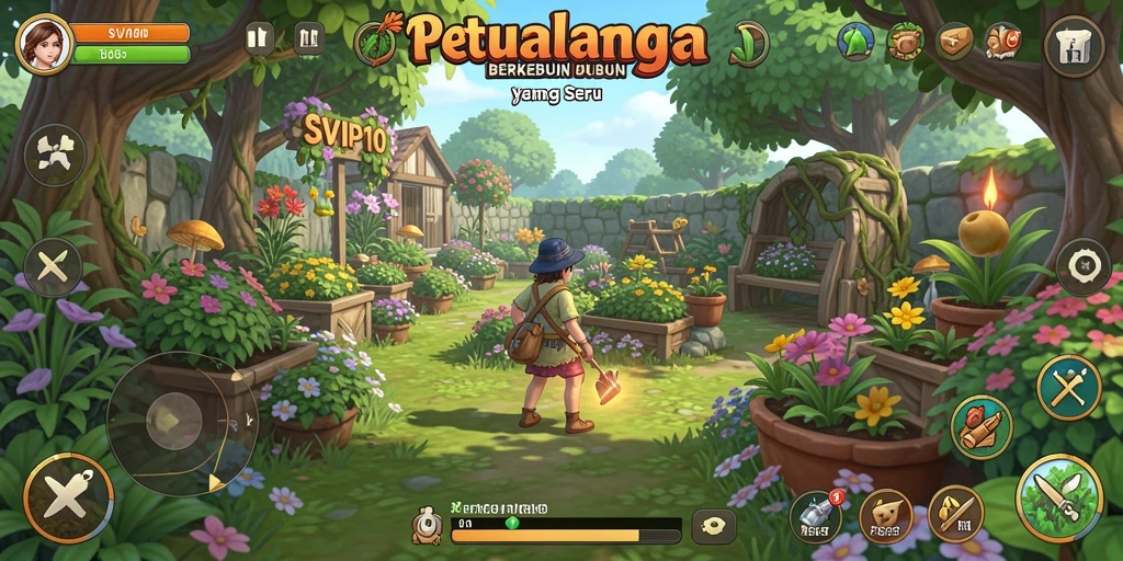 Screenshot gameplay SVIP10 menampilkan ladang yang subur dan aktifitas berkebun.