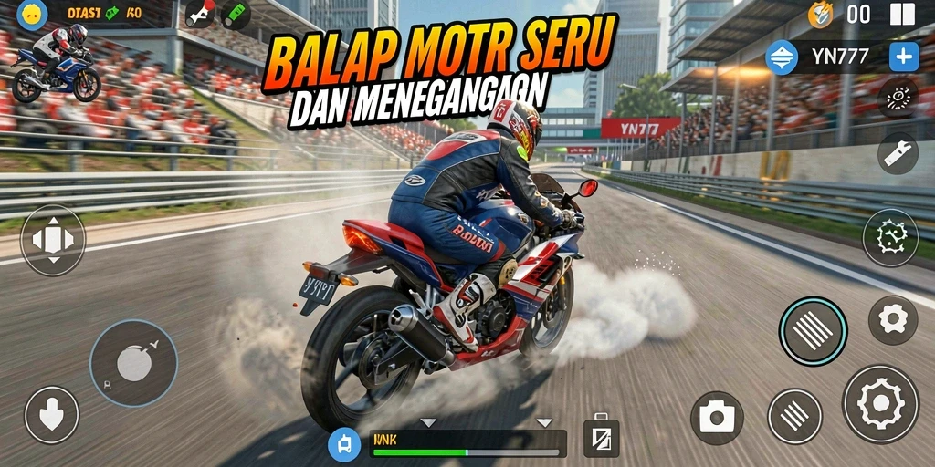 Tangkapan layar YN777 dengan aksi balapan motor yang menegangkan.